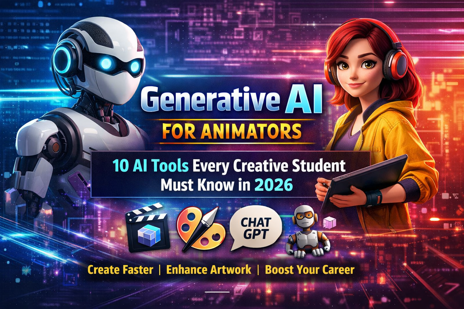 Generative AI tools for animators in 2026 showing video creation, VFX, and animation software